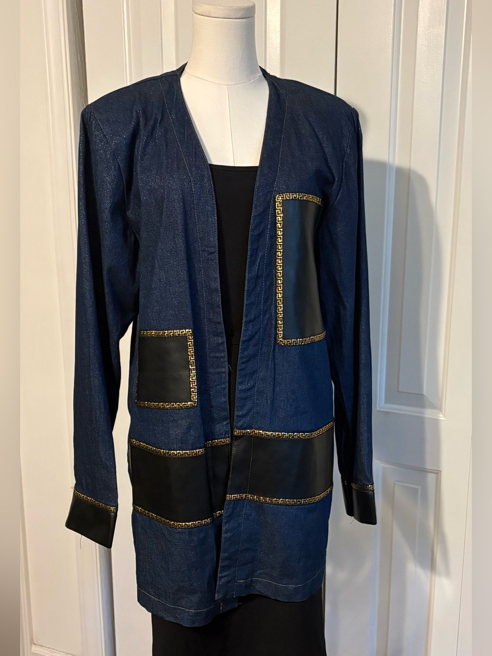 E KAMALL Navy Denim-Look Long Open-Front Jacket with Faux Leather & Gold Trim
